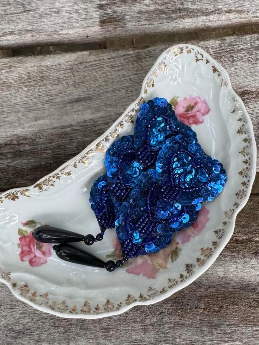 Vintage burlesque Tassel Blue Sequin Beaded Drop Earrings